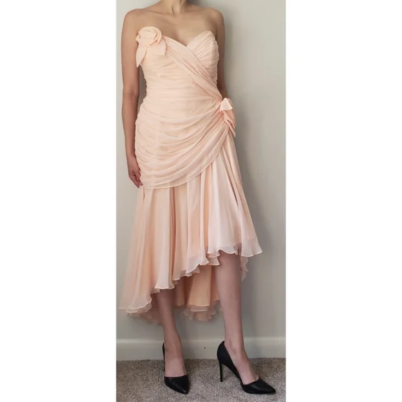 Vintage 80s Pink Pleated Ruched Formal High Low Midi Dress with Rose Detail - Picture 2 of 16